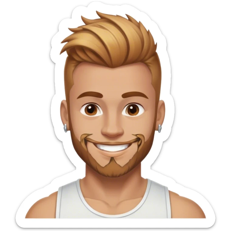 smiling muscular 28 year old man with silver jewelry, light brown hair that has and reddish blond  highlights, and a fauxhawk with trimmed beard cleaning sticker