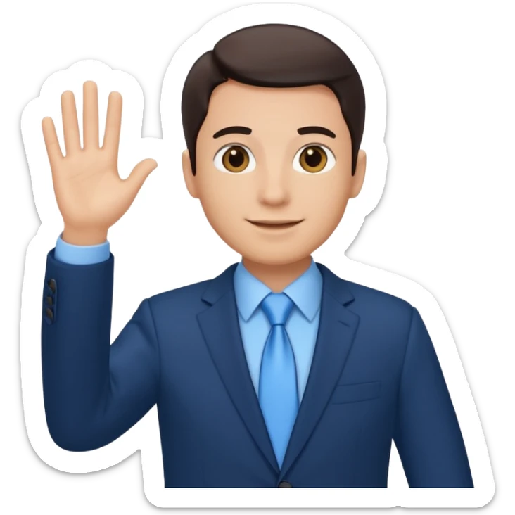 Make emoji of me in a dark blue business suit and light blue shirt waiving to new clients sticker
