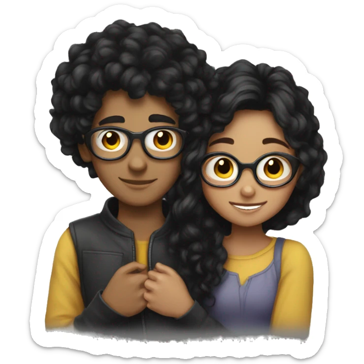girl and boy hugging boy black curly hair girl long black hair glasses  sticker