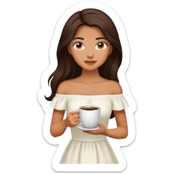 Beautiful woman in 1950’s woman fashion look, off-shoulder white dress, long dark brown hair, coffee sticker