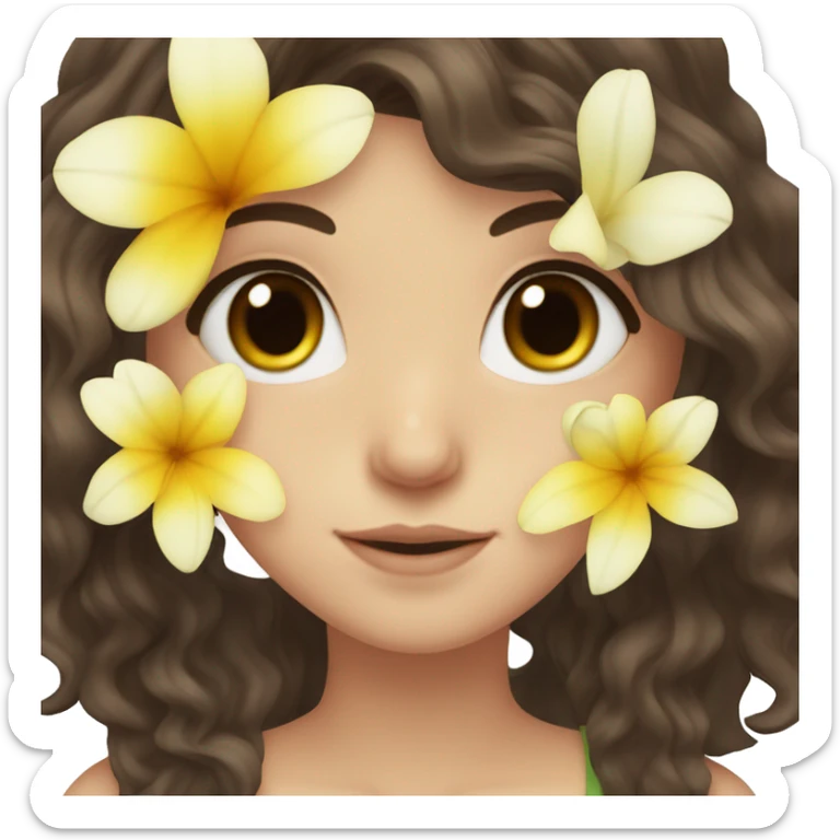 white girl, long dark brown wavy hair, and brown eyes,  with a flower sticker