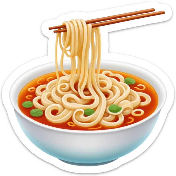 Chengdu sweet water noodles with sweet sauce, simplified emoji style with bold outlines and bright colors, cartoon style Tianshui Mian dessert-like noodle sticker