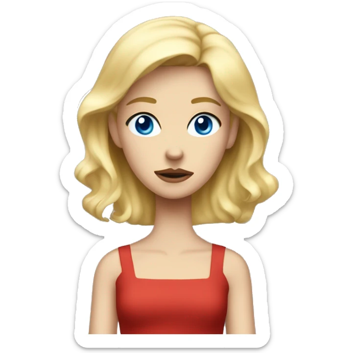 Blonde girl blue eyes wearing a blue dress in a sea of red frowning sticker