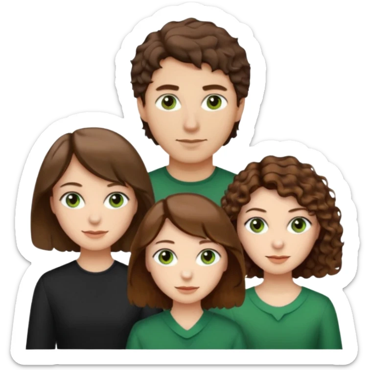 Man in the middle with brown straight hair and green eyes, women next to him with short brown hair with slight waves, tall women on right side with shoulder length curly hair and brown eyes sticker