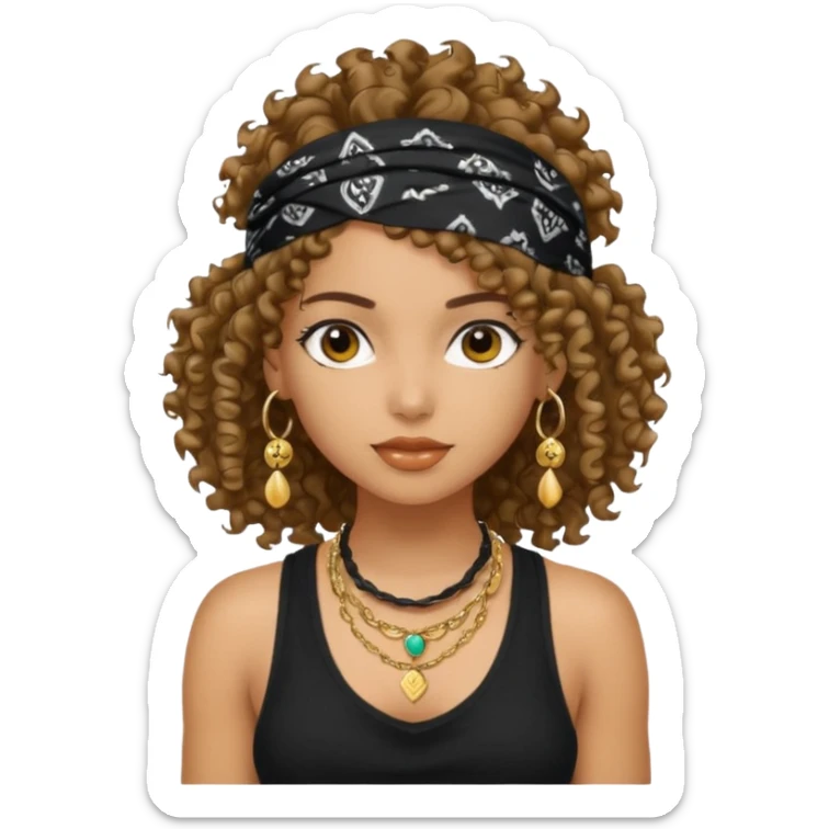 Baddie girl with black  tank top curly hairss and bandana and jwellery sticker