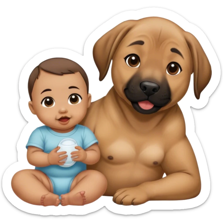 Black mouth cur sitting next to a baby with dimples and dark brown hair sticker