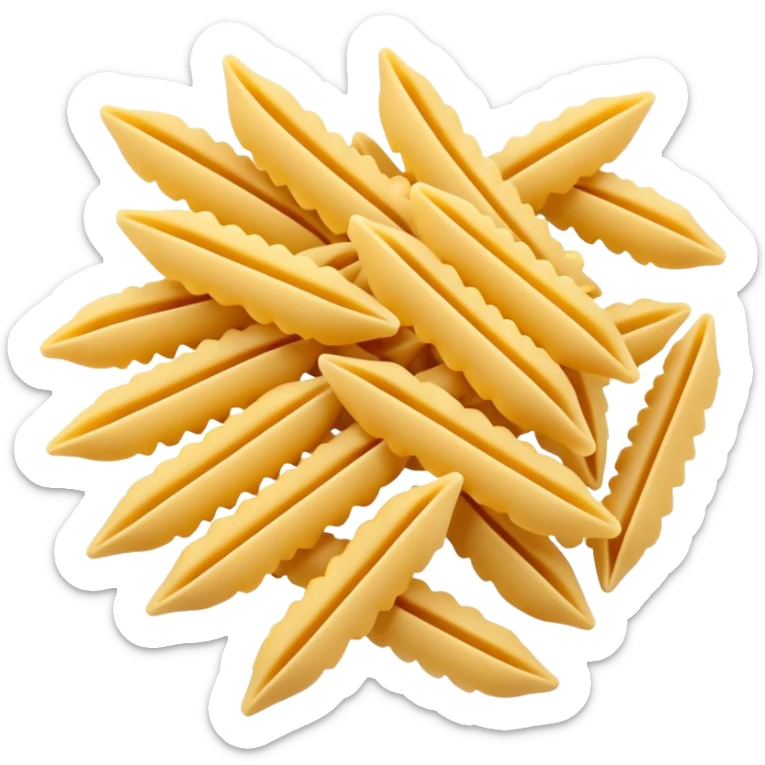 uncooked pasta, 3 to 5 pieces, penne, fusilli, or farfalle, pale yellow to golden beige, smooth matte texture, dry and clean, 3D clean style, optimized for emoji size sticker