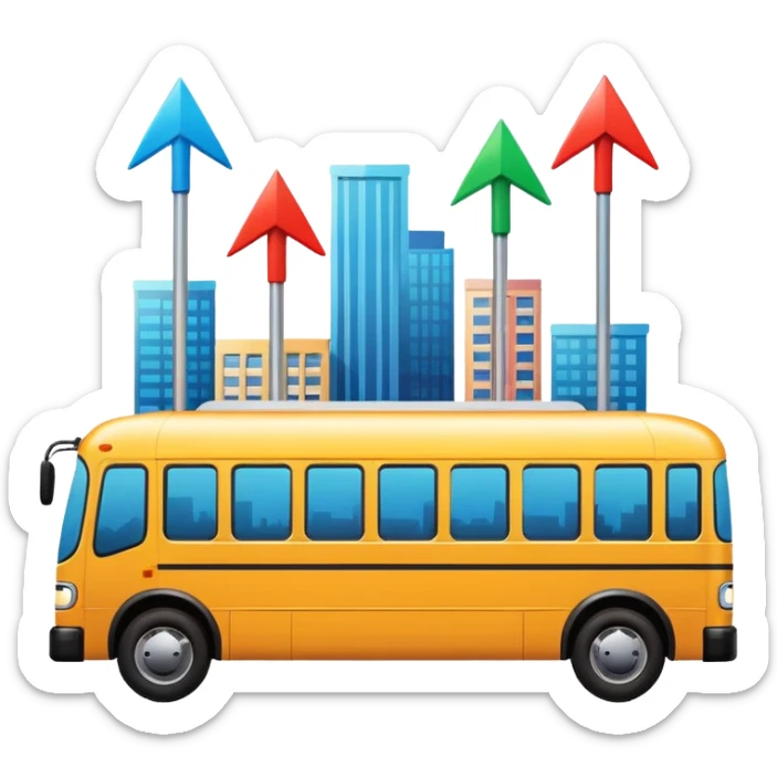 a bus with three colorful directional arrows pointing to city icons, Apple emoji style, vibrant colors sticker
