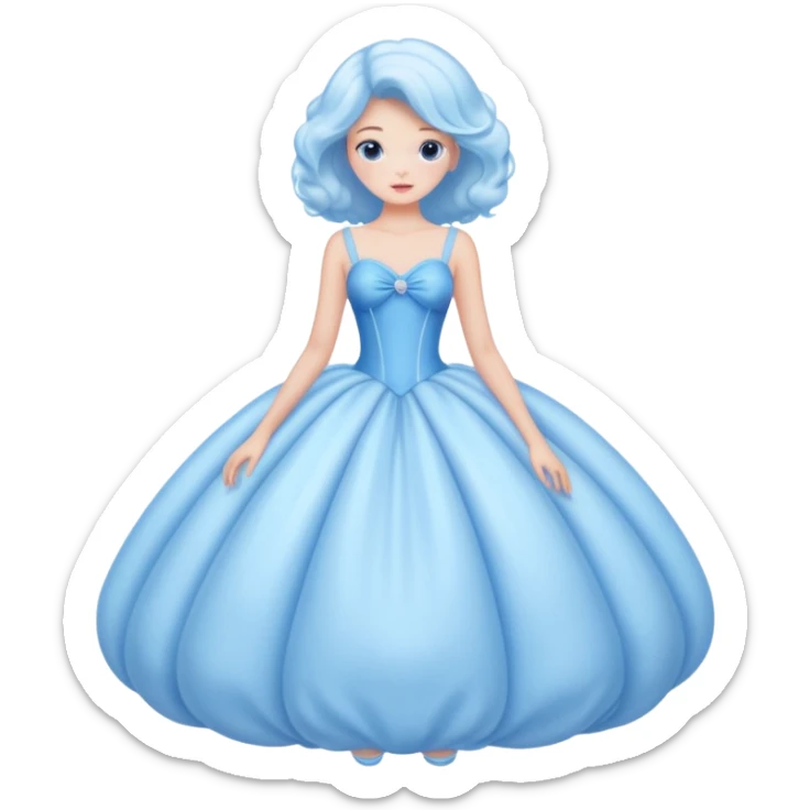 The bubble dress is typically a voluminous ball gown, designed to make Glinda look like she’s literally floating in a bubble. It features:  Pale blue or shimmering white-blue hues (in Ariana Grande’s movie version, it’s a soft, cotton-candy blue). sticker