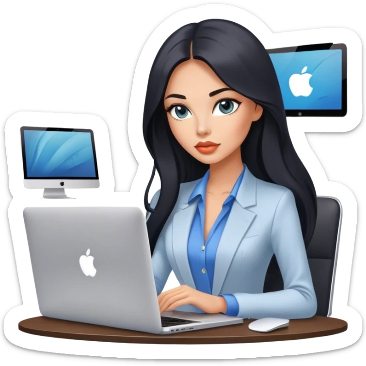Glamours tanned very beautiful girl with pump peach lips and black straight smooth long hair, blue-grey eyes in beautiful clothing with MacBook in the office sticker