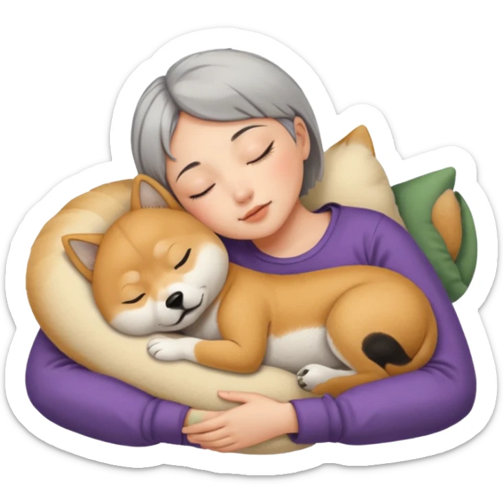 Create a short hair gray hair girl sleeping cuddling with a ton of shiba sticker