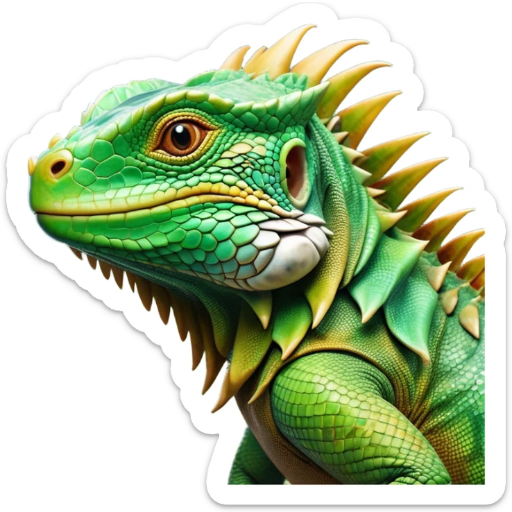 Cinematic Realistic Noble Iguana Portrait Emoji, Poised and commanding, with a robust, elongated body covered in intricately detailed, rough scales in vibrant shades of green with earthy brown accents, and a sharply defined head with piercing amber eyes, rendered with lifelike texture and natural light that accentuates every scale, high shine, intelligent and formidable, styled with an air of tropical authority, focused and attentive, soft glowing outline, capturing the essence of a watchful and confident iguana that appears ready to bask in the sun with effortless grace! sticker