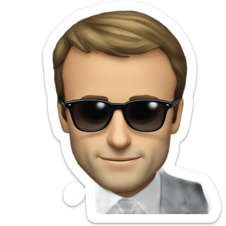 Emmanuel Macron wearing sunglasses, there is a big € on each eye of the glasses, cartoon money eyes sticker