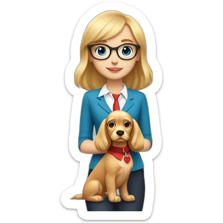 young blonde girl with blue eyes with bangs and a red suit and glasses with her beige cocker spaniel with a red collar sticker