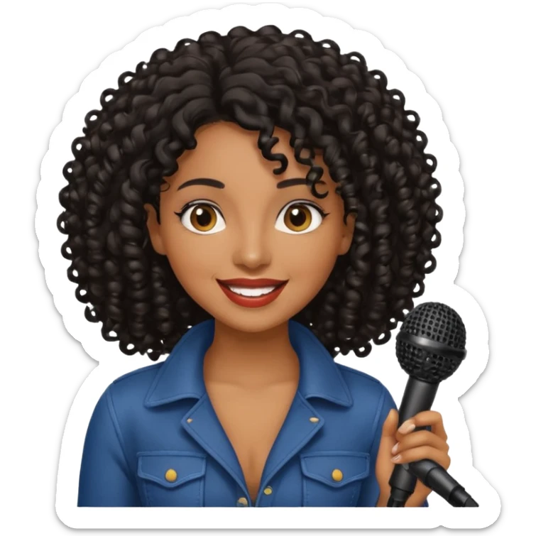 brown skin woman, curly black hair, singer, hold micro sticker