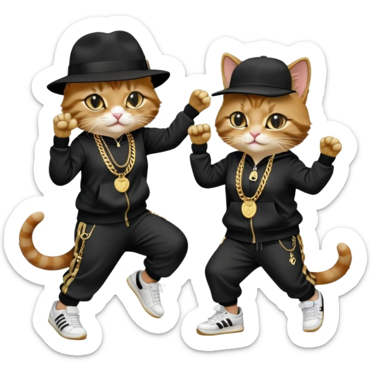 female cat dressed like Run DMC in tracksuit, fedora, Adidas shoes, lots of gold chains, rings, bracelets, earrings, dancing with a friend, no sunglasses sticker