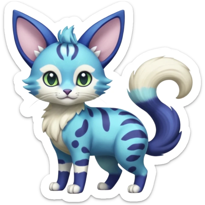 Exotic tropical shiny cute realistic Cobalt-Blue green purple black white Purloin-Meowstic-Minccino-Cinccino-serval-Meowth-caracal-fusion-hybrid-creature (full body) sticker
