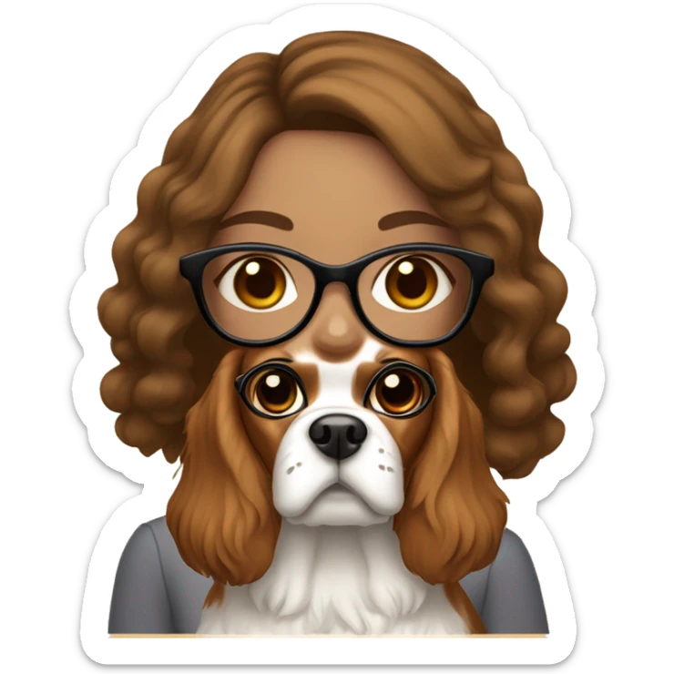 A brown haired white skin girl wearing glasses with a king charles spaniel dog sticker
