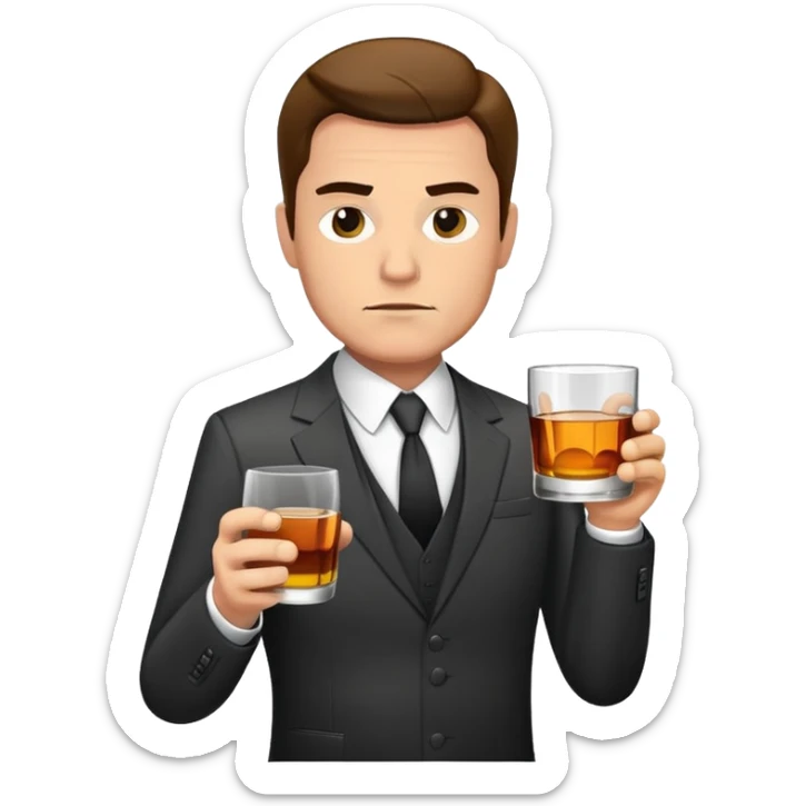 businessman in suit holding a glass of whiskey, looking tired sticker