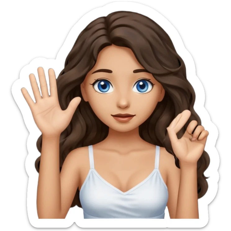Girl with olive skin, blue eyes, brown dark insanely wavy long hair, white camisole, raising hand sticker