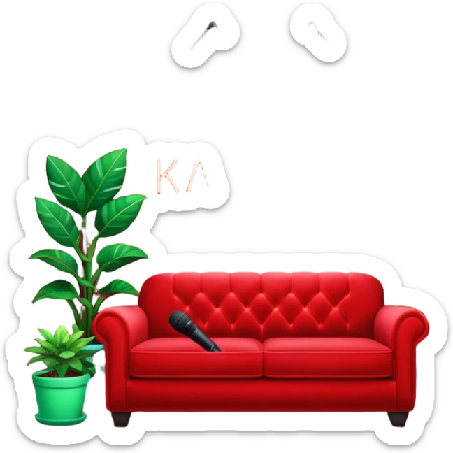 1600x400 image with front view of a red velvet couch with a mic in front, houseplants in the background, and a neon sign directly above the couch that says "karaoke" sticker