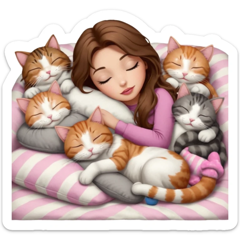 girl with long wavy brown hair, brown eyes, long lashes makeup, sexy pink lips, light to medium complexion,  sleeping on a cozy pillow, with 6 cats: 1 brown and white tabby cat, 1 ginger and white, 2 grey and white, 1 grey with white mittens and small white patch on chest and 1 calico, sleeping sticker