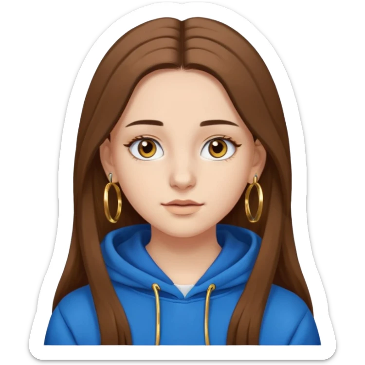 teen girl, white skin, long brown hair middle parted, brown eyes, blue hoodie eyelashes and gold earrings sticker