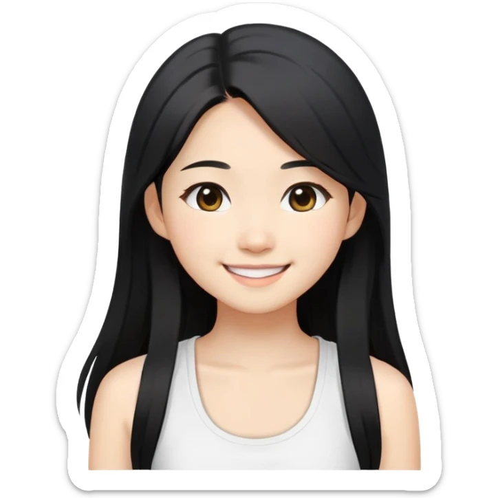 Japanese semi korean girl, light skin long black hair, white tanktop and black outer, and smile sticker