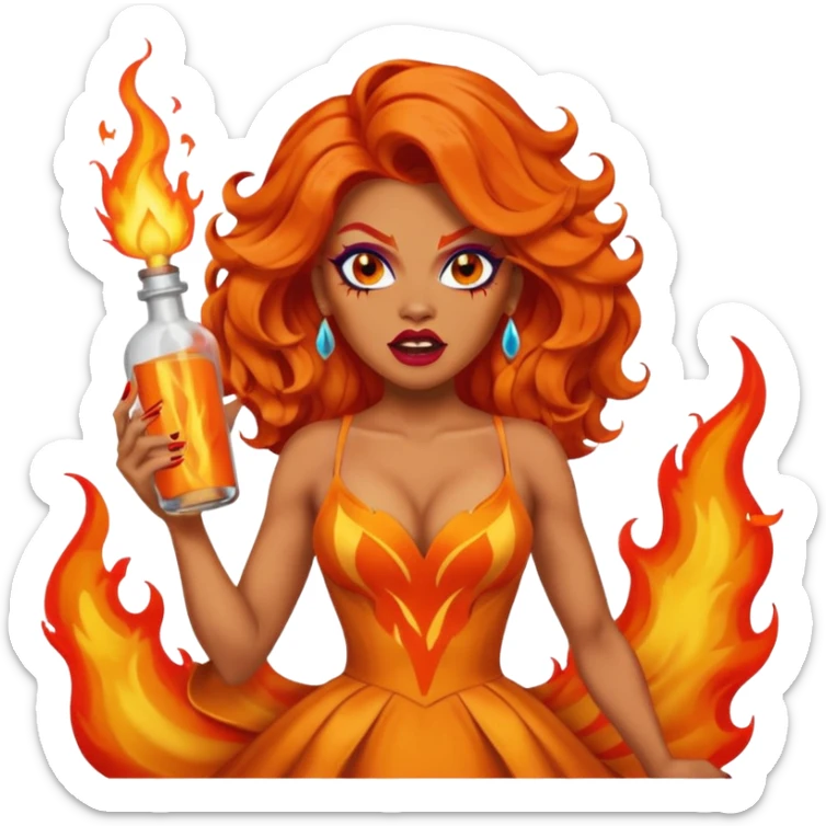 A fierce drag queen emoji with bright orange wavy hair styled with a bottle on top, dramatic makeup, expressive angry face, and an orange flame-themed dress. sticker
