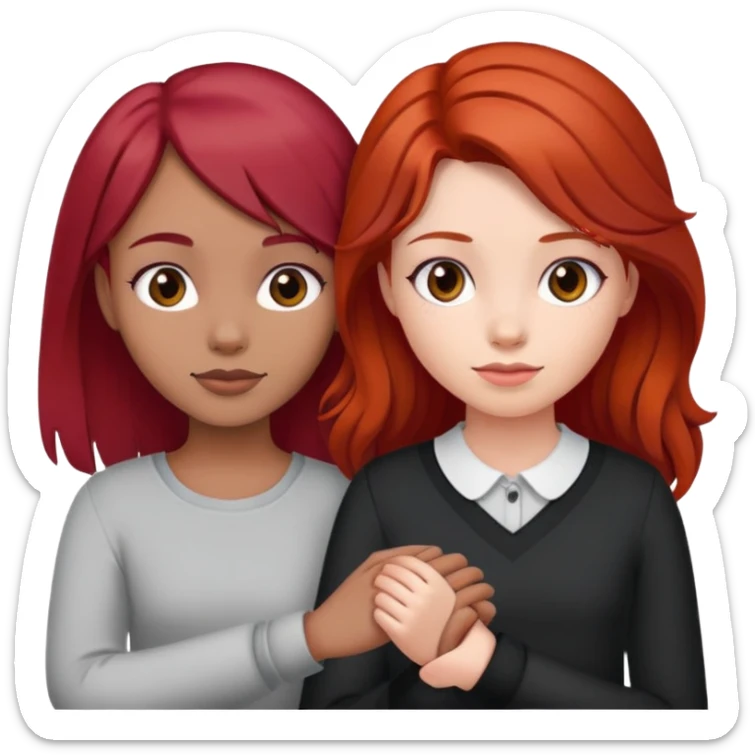 Girl with red hair and girl with dark brown hair holding hands  sticker