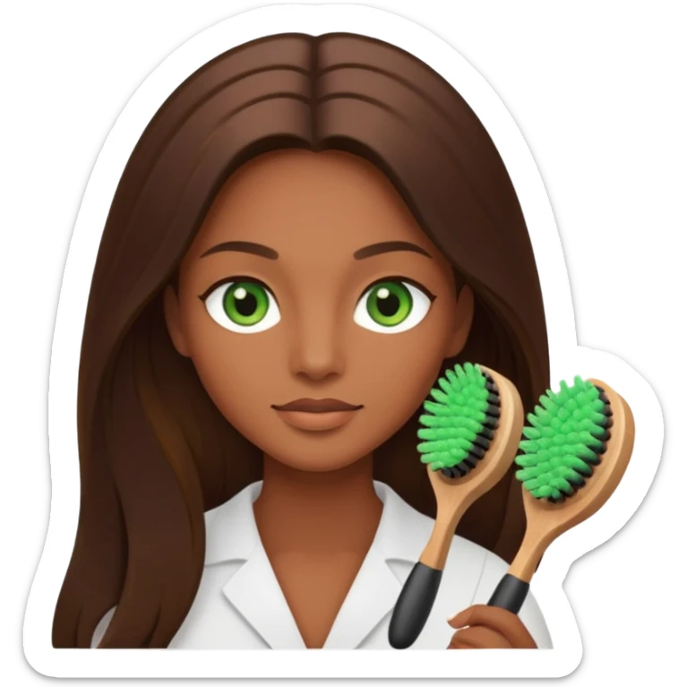 Aesthetician with brown, long hair, green eyes holding a facial brush sticker
