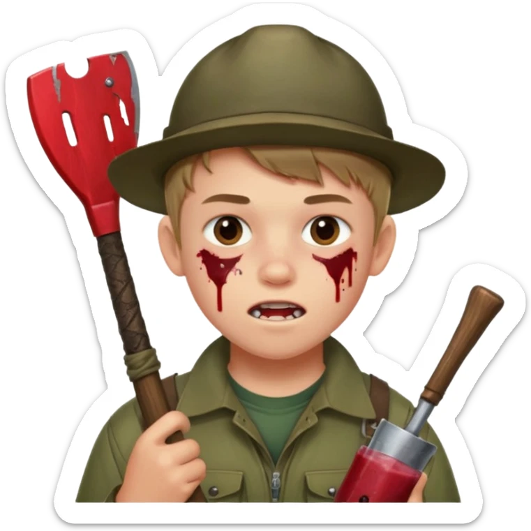 13 y/o Brian robeson at the beginning of Hatchet
determined, has hatchet, self-reliant, observant survivalist, berry juice on mouth, bug bites on face, white boy sticker