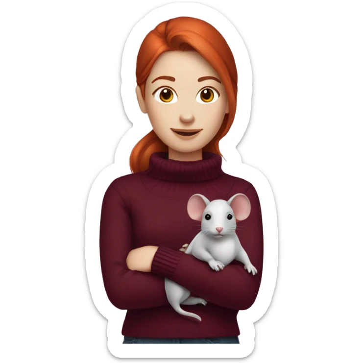 redhead girl with Dyson styling in burgundy sweater with rat on her shoulder sticker