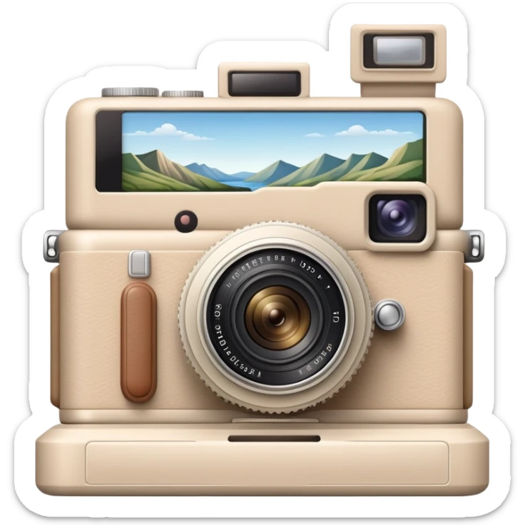 A beige camera and next to it a landscape photograph of the frame behind the camera sticker