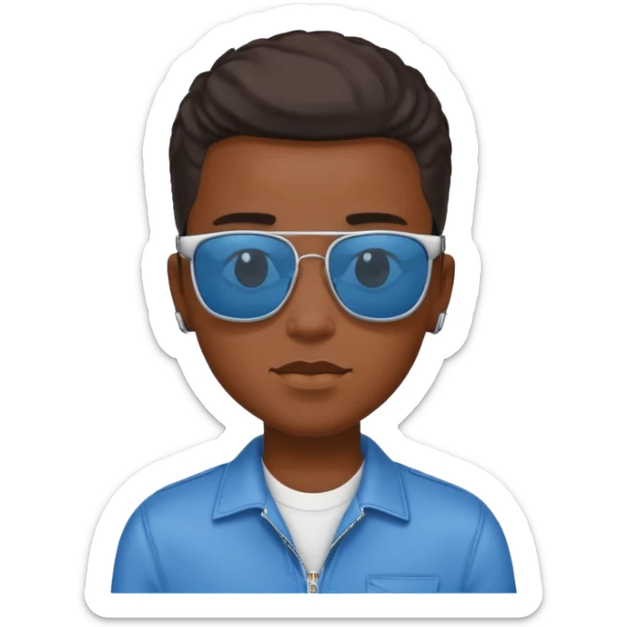 Un garçon noir avec des lunettes de soleil un peu bleu avec un cadran plutôt carré et SANS QU’ON VOIT SES YEUX. Et au dessus de sa tête il y a écrit BOUSS sticker