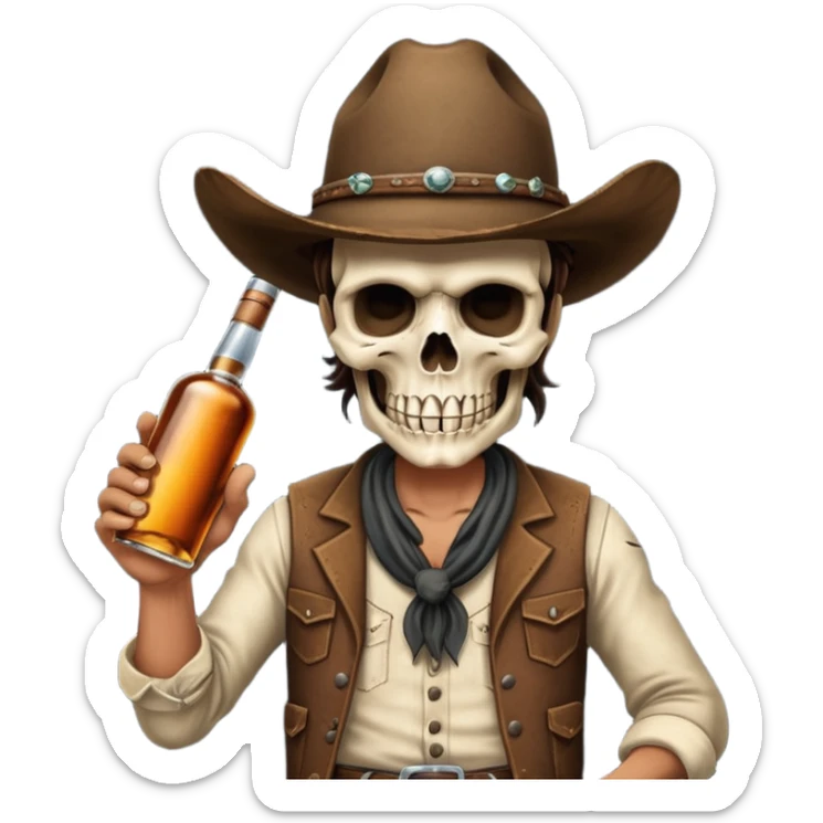 A rough and tumble cowboy with a 6 shooter and a bottle of whiskey. From the view of a bird looking down on the cowboy. Make the graphics dark and gritty in the style of your beeding skull art. sticker