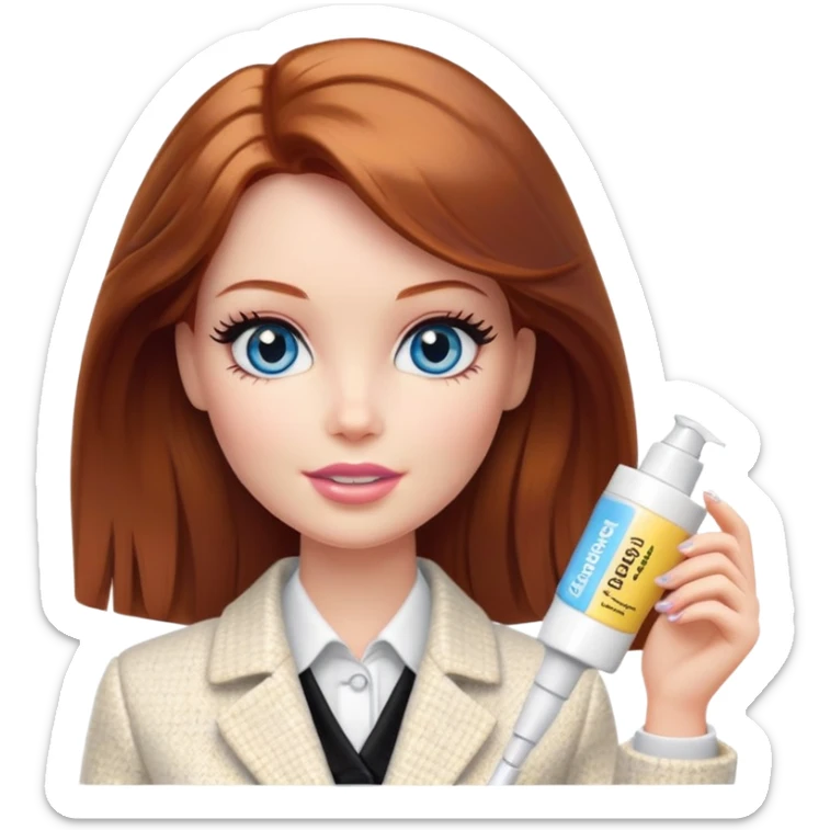 A Barbie girl with blue eyes, shoulder-length reddish-brown hair, made-up, in a white tweed jacket and black skirt, holding a tube of pale yellow face cream sticker