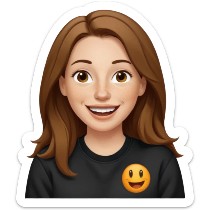 A 38 year old white woman with long brunette hair parted in the middle. She has her nose pierced. Her nose is medium sized. She has brown eyes. She has freckles and is wearing a black sweatshirt and is laughing  sticker