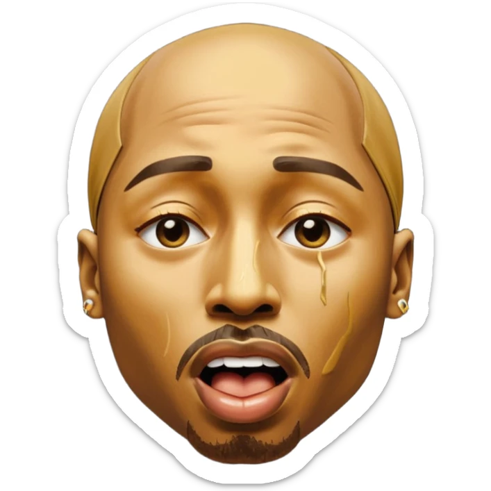 tupac but he's made of gold but he's also in an unbearable amount of pain, he has a really pained expression, his mouth is wide opened and his eyes are closed sticker