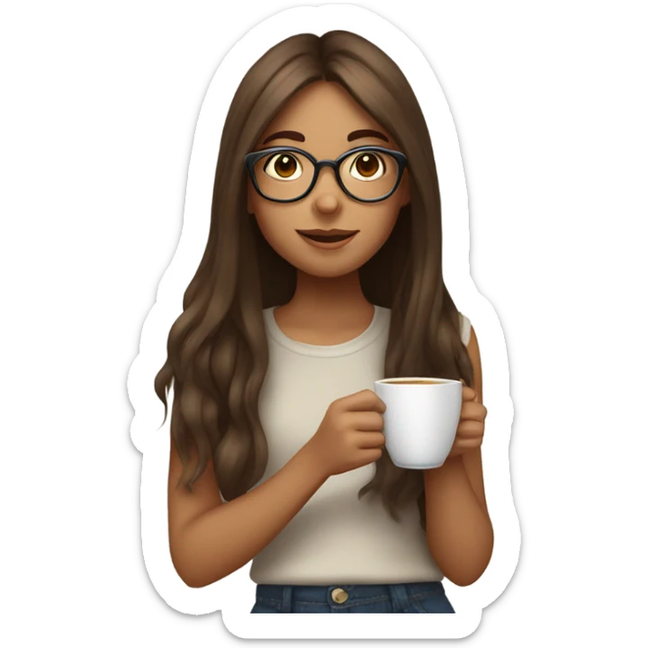 Girl sipping tea with long and brown hair with glasses sticker