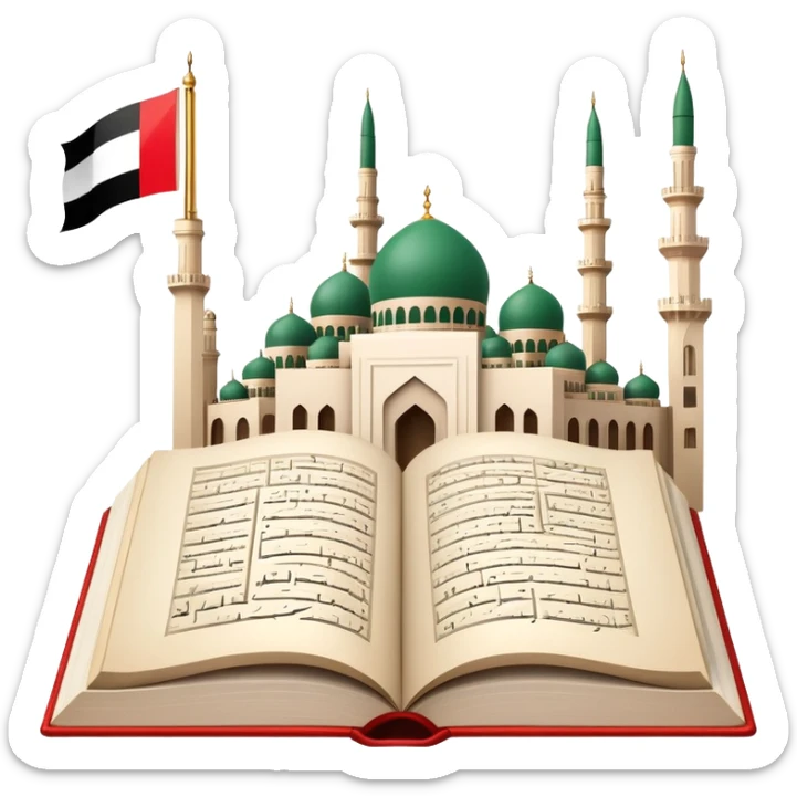 An icon featuring the mosque and the flag of United Arab Emirates, symbolizing the Arabic language. The design includes an open book with Arabic script and calligraphy, representing language learning and cultural heritage. Transparent background sticker