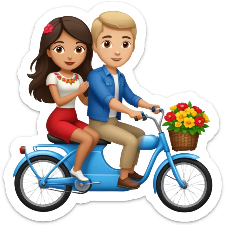 Latina girl with russian man riding a two seater bike with flowers  sticker