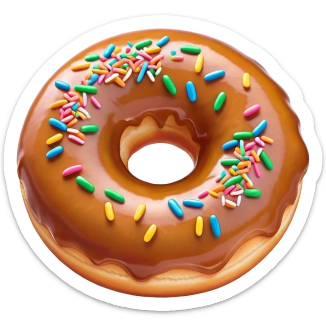 Cinematic Realistic Donut Dessert Emoji, depicted as a fluffy glazed donut with colorful sprinkles rendered with detailed textures and playful, warm lighting. sticker
