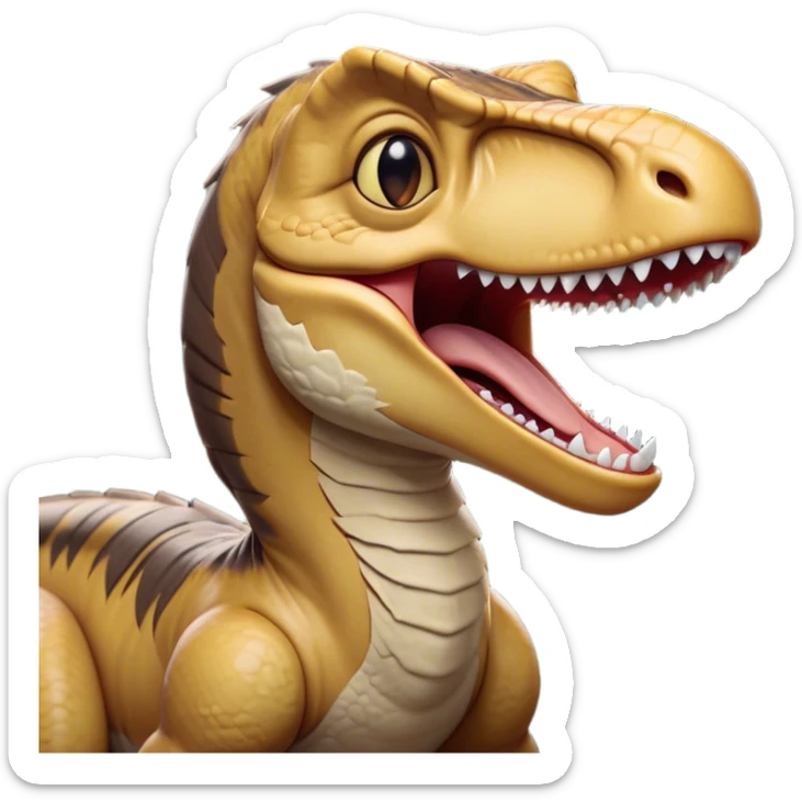 Cinematic Cute Yawning jurassic park Velociraptor Portrait Emoji, Head tilted slightly with a dramatic, wide-open yawn, showcasing a lean, powerful body with a relaxed snout and sleepy, half-closed eyes that hint at both ferocity and fatigue, Simplified yet irresistibly cute features, highly detailed, glowing with a soft, cozy prehistoric glow, high shine, relaxed yet expressive, stylized with a hint of whimsical ancient ease, soft glowing outline, capturing the essence of a drowsy yet endearing jurassic park Velociraptor that appears ready to stretch and yawn its way out of the screen! sticker