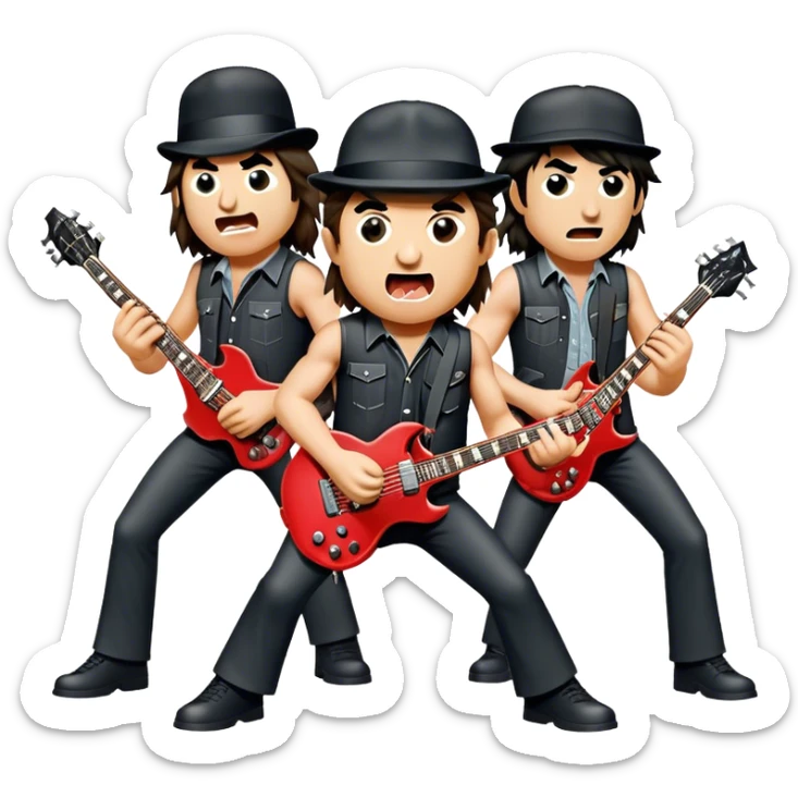 Cinematic Realistic AC/DC Band Emoji, depicted as a high-energy rock ensemble with electrifying stage presence and gritty textures, rendered with bold vibrant lighting that captures the raw power and rebellious spirit of their music. sticker