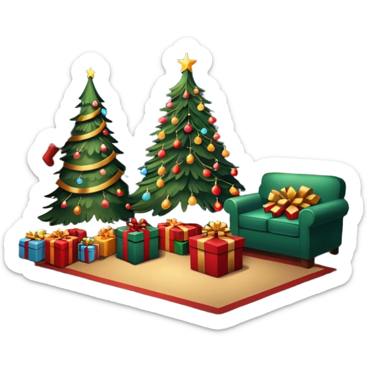 Flat illustration, dark livingroom scene, with christmas tree lit up and gifts under tree. Room is lit poorly but by the christmas tree lights, still life
 sticker