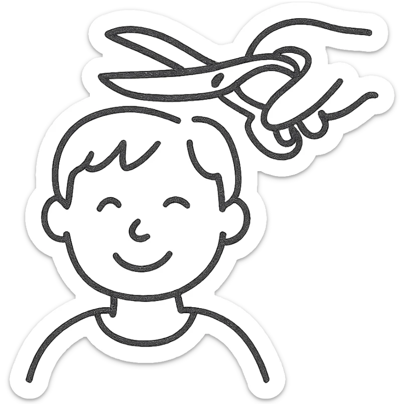 hand-drawn outlined logo of a person receiving a haircut, playful and approachable sticker