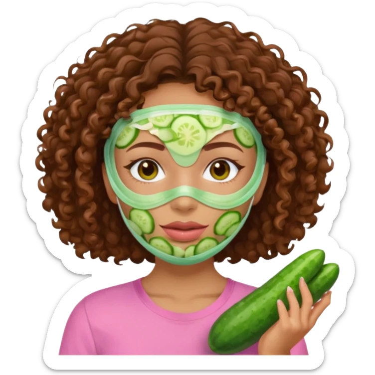 lightskin girl with green skincare facemask and cucumbers and brown curly hair and a pink shirt  sticker