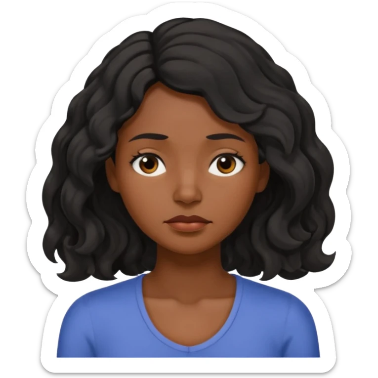 Sleepy tired dark brown skin color black women wavy hair shoulder length small eyes sticker