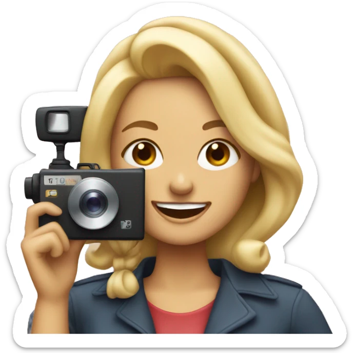 Blonde woman whose teeth show when smiling wearing a beret and holding a movie camera sticker